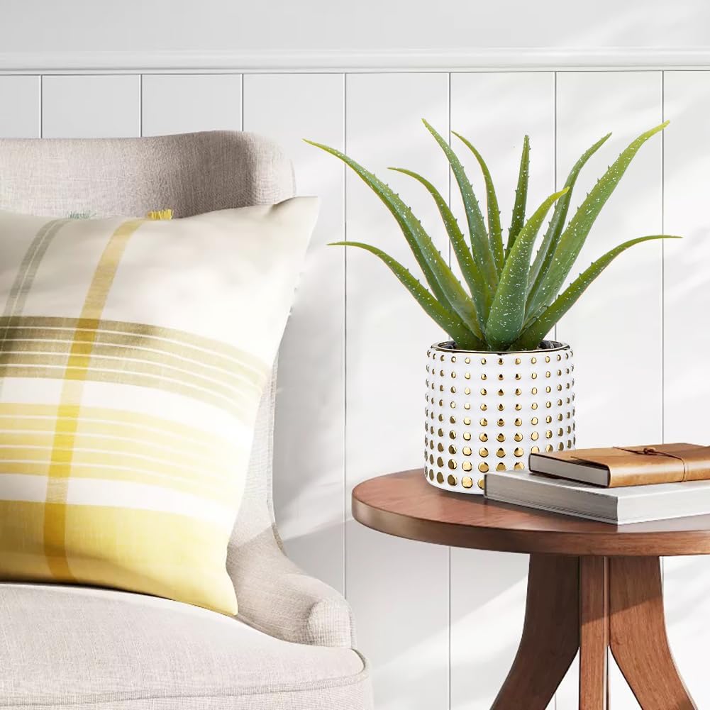 GnFlus Artificial Succulent Aloe Plants 14.2 Inch Large Faux Succulents with Ceramic Pot Fake Aloe Potted Plant for Home Indoor Bathroom Table Bedroom Shelf Office Decor