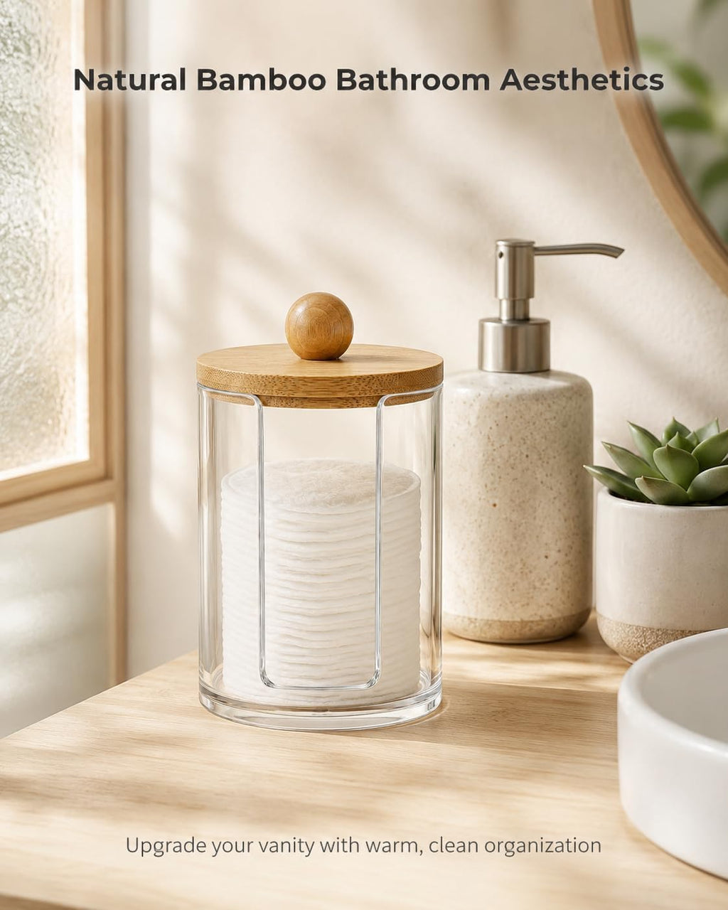 Cotton Round Holder with Bamboo Lid, 10oz Cotton Pad Dispenser