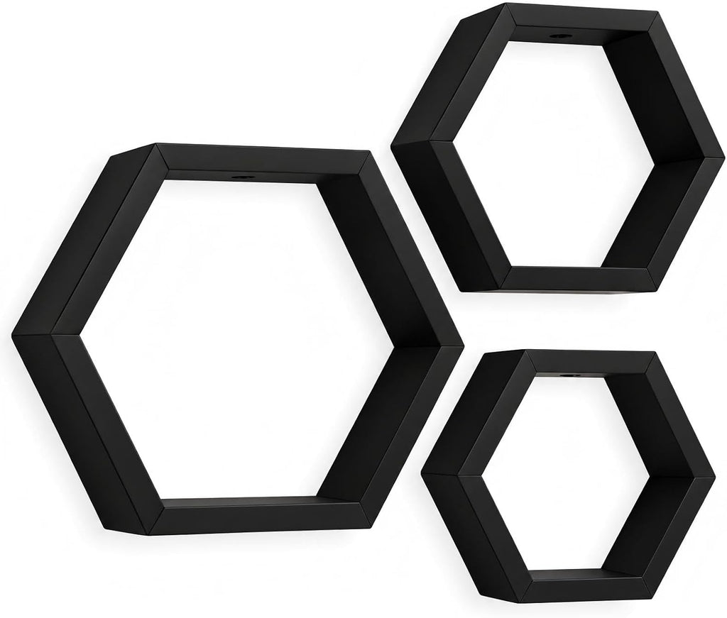 AHDECOR Wall Mounted Hexagon Floating Shelves, Wooden Wall Organizer Hanging Shelf for Home Decor, Set of 3, Black