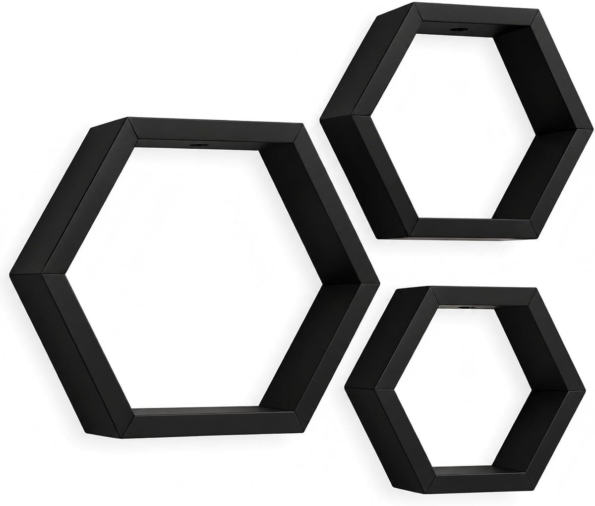 AHDECOR Wall Mounted Hexagon Floating Shelves, Wooden Wall Organizer Hanging Shelf for Home Decor, Set of 3, Black