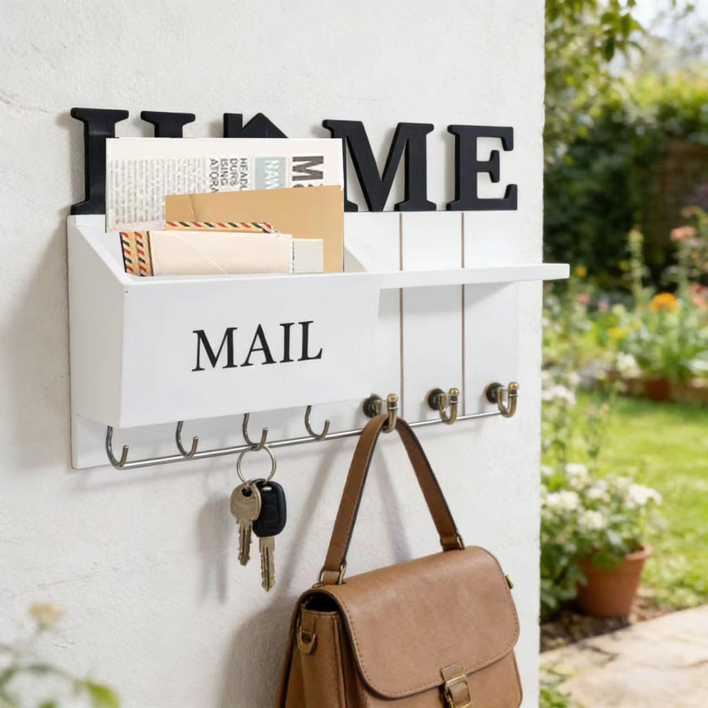 Rustic Wall Key Holder with Shelf & Hooks - Wall Mounted Mail Organizer for Entryway | Wooden Key Rack for Keys, Coats, Dog Leash-White