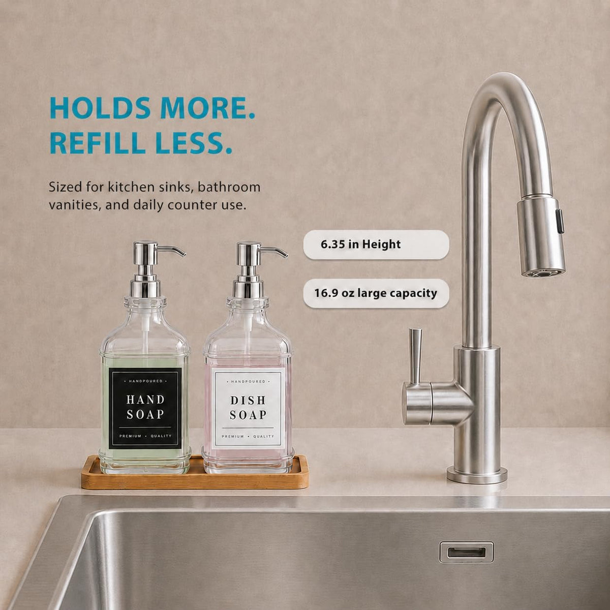 Kitchen Glass Soap Dispenser Set with Tray 2 with Silver Rust Proof Pump