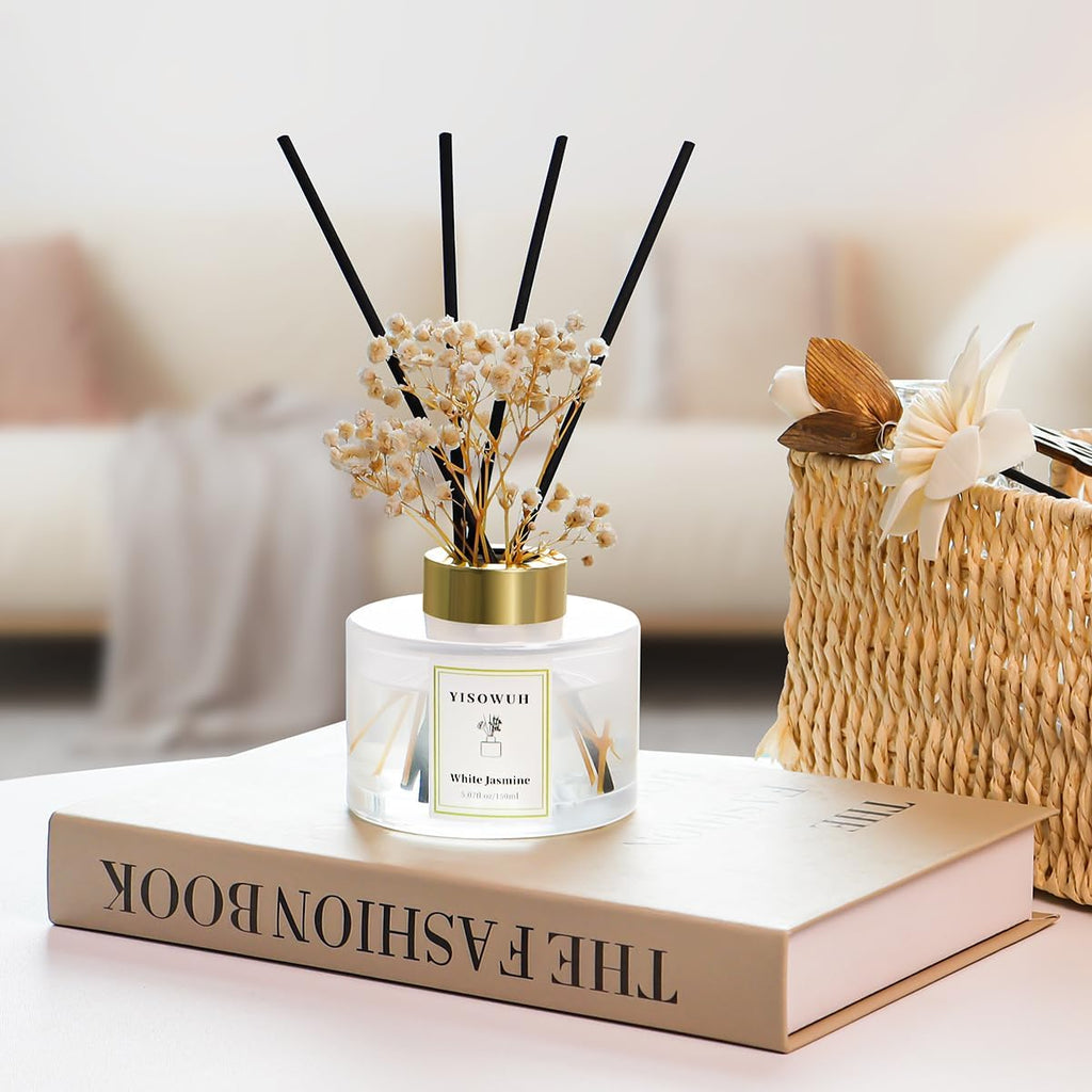 Reed Diffuser Set,5.07 fl oz (150 ml) - White Jasmine Oil Diffusers with 8 Reed Sticks,Home Fragrance Reed Diffuser for Bathroom Shelf Decor