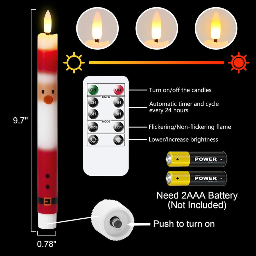 Wondise Christmas Santa Flameless Taper Candles with Remote Timer