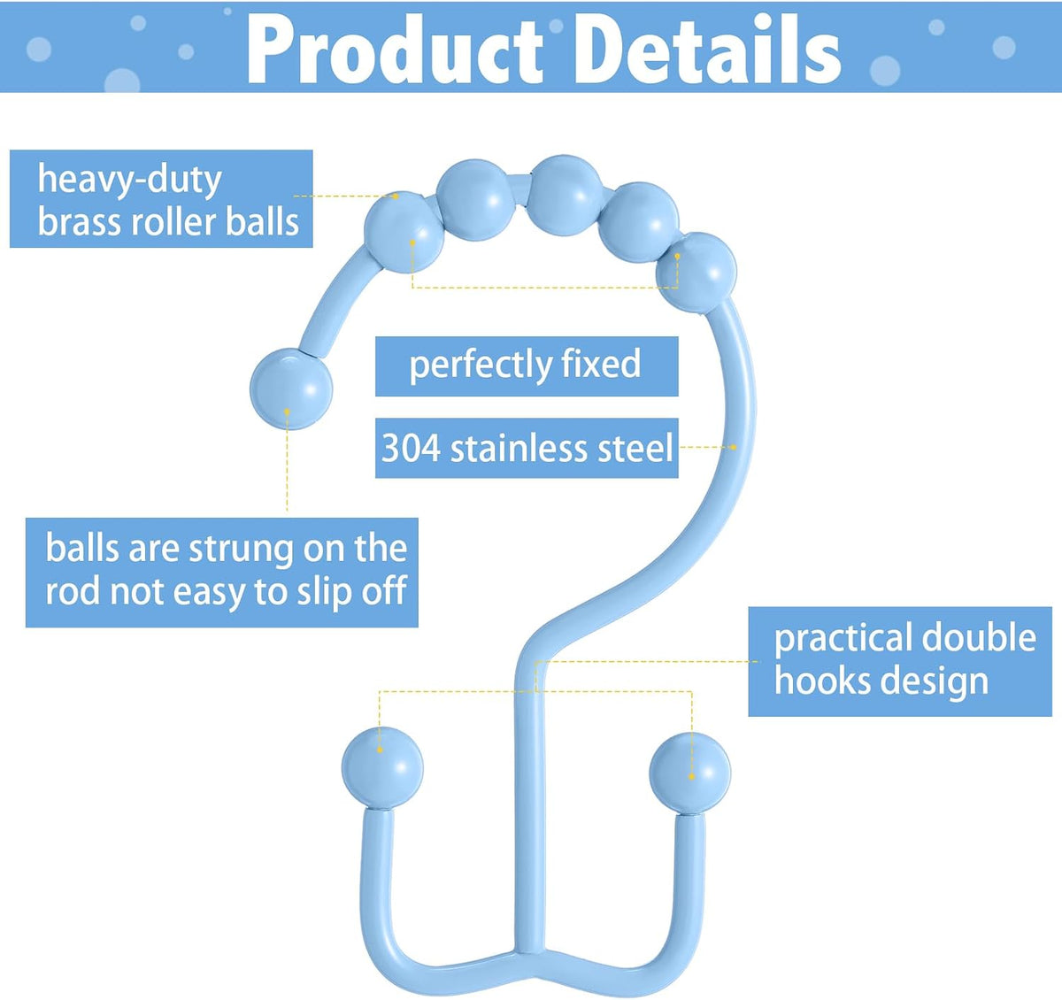 Wenqik 12 Pcs Colorful Shower Curtain Hooks Stainless Rings,Blue