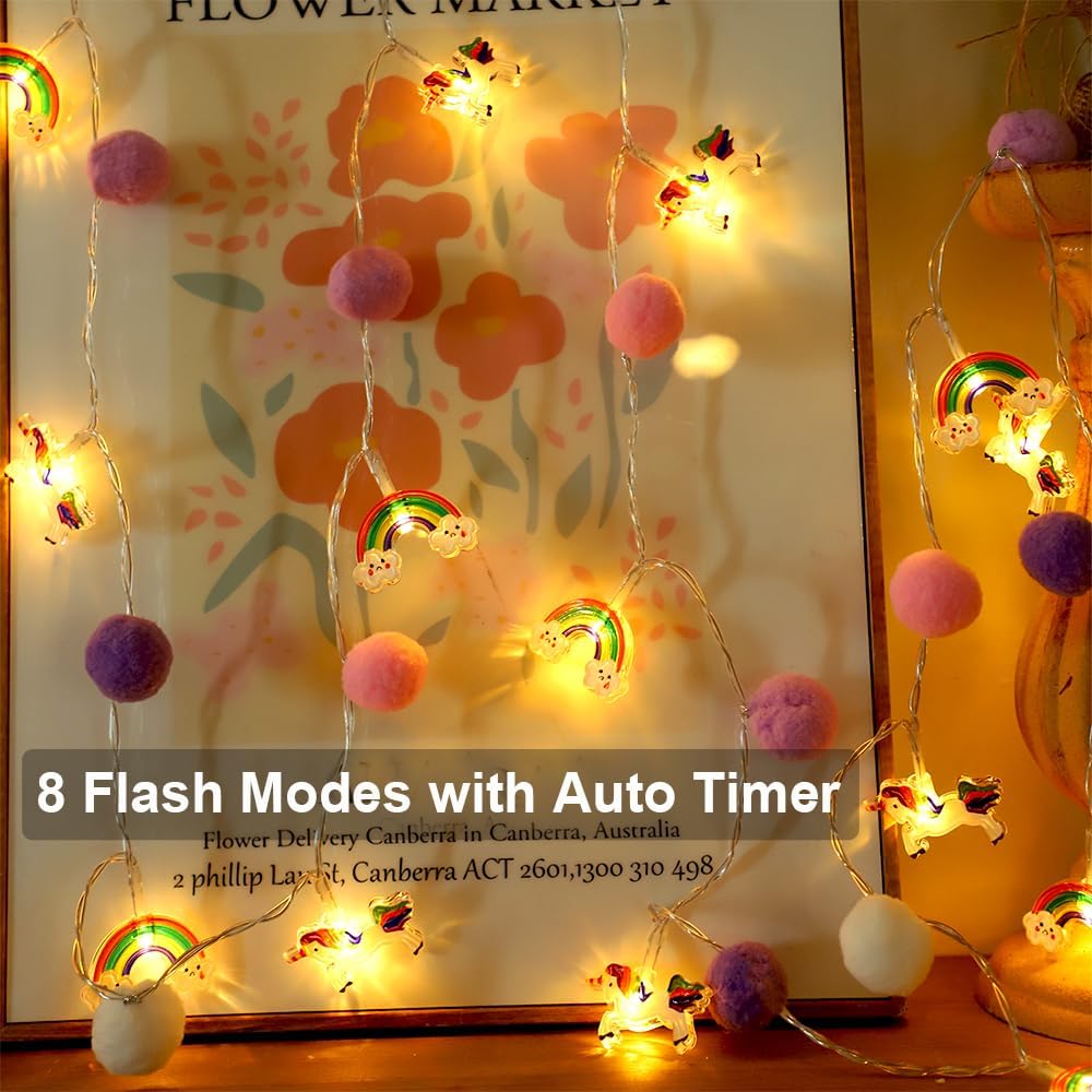 ChiRee Purple Pom Poms with Unicorn and Rainbow String Lights