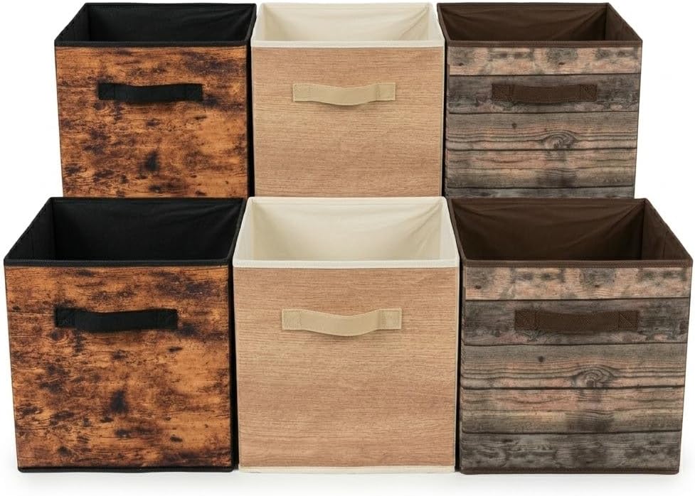 SUREMAX 11 Inch Storage Cubes 6 Pack, Wood Grain Storage Bins, Collapsible, Brown