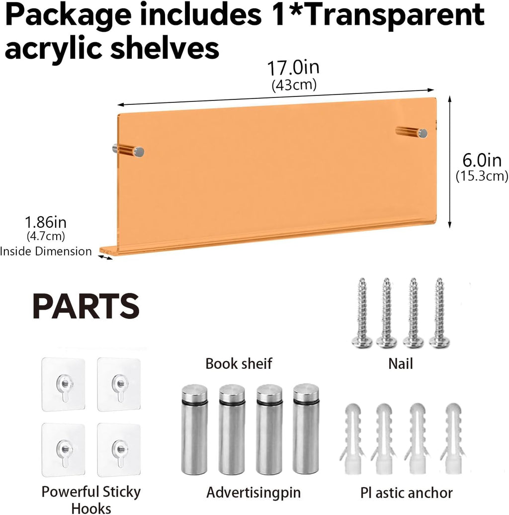 2-Pack 17" Orange Acrylic Wall Mount Magazine Holder Rack Floating Shelf