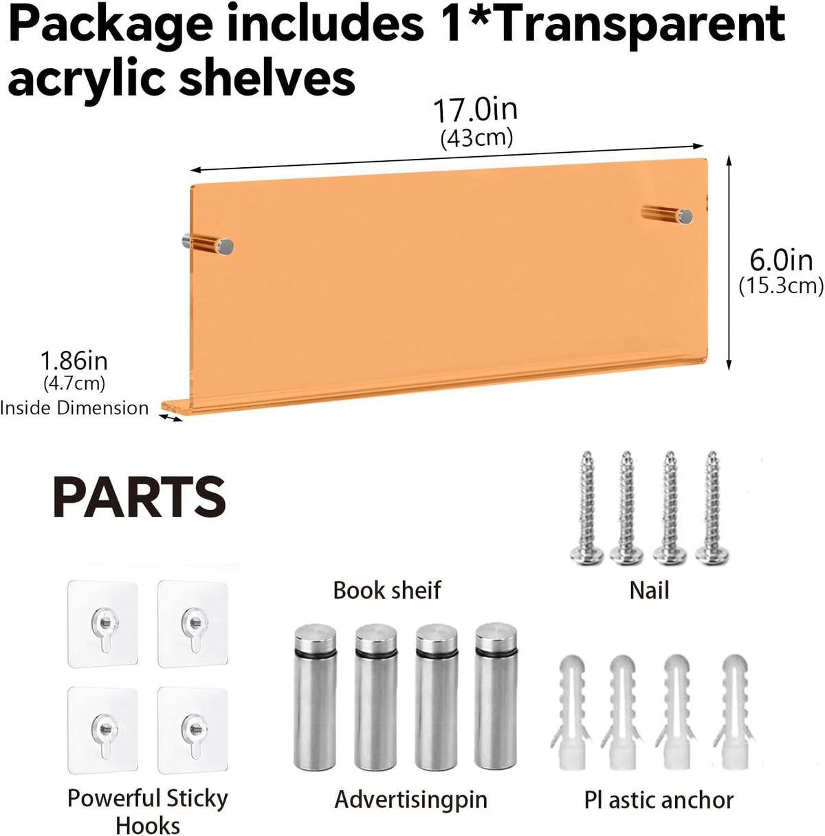 2-Pack 17" Orange Acrylic Wall Mount Magazine Holder Rack Floating Shelf