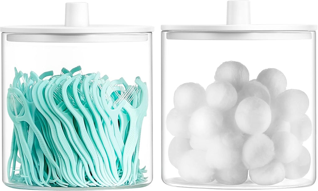 TIPGO Glass Qtip Holder Dispenser - 24 oz Clear Canister Jar, Bathroom Vanity Storage Organizer for Cotton Swabs, Pads, Floss Picks, Small Containers for Makeup Storage (White)