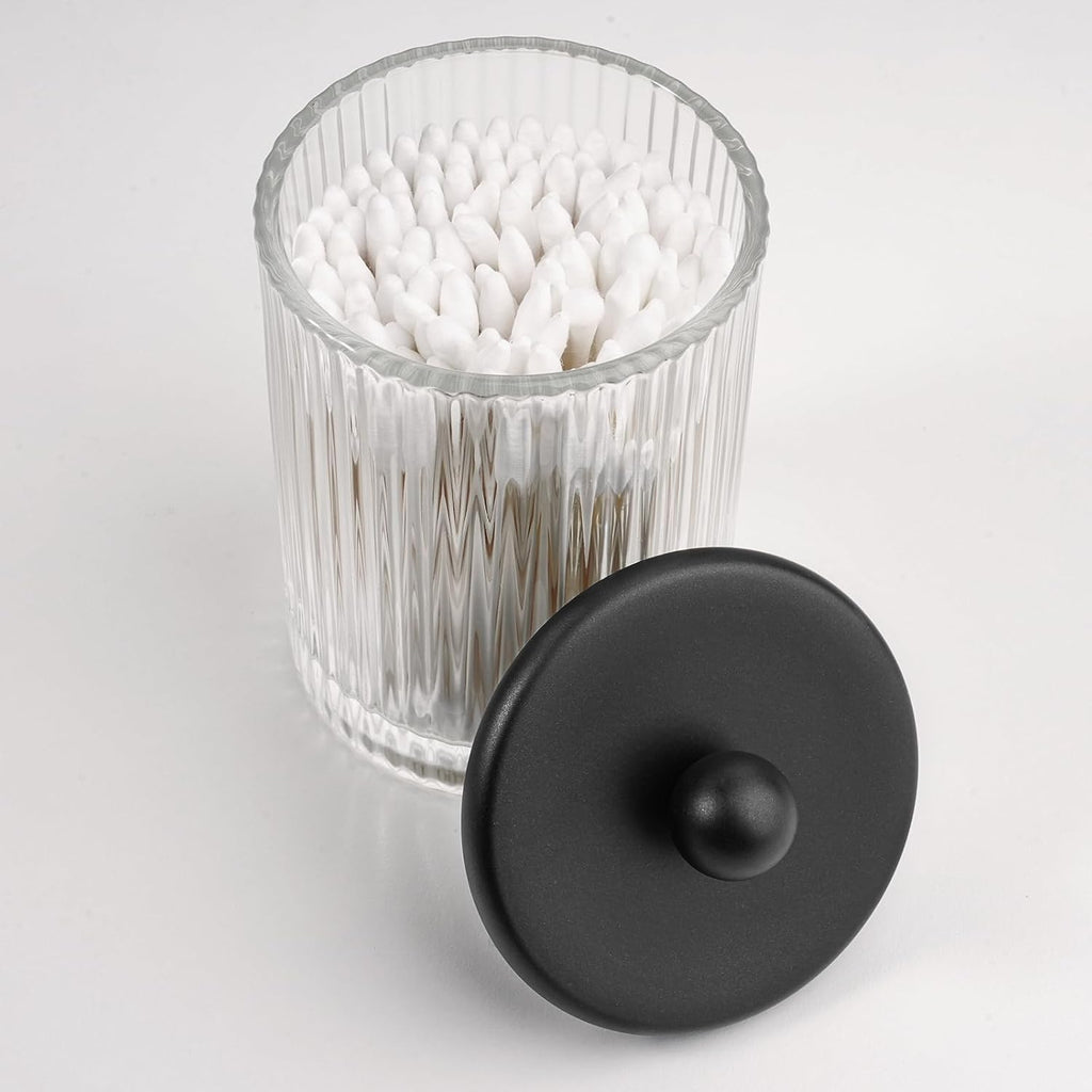 SheeChung 3 Pack Ribbed Glass Qtip Holder with Bamboo Tray & Metal Lids