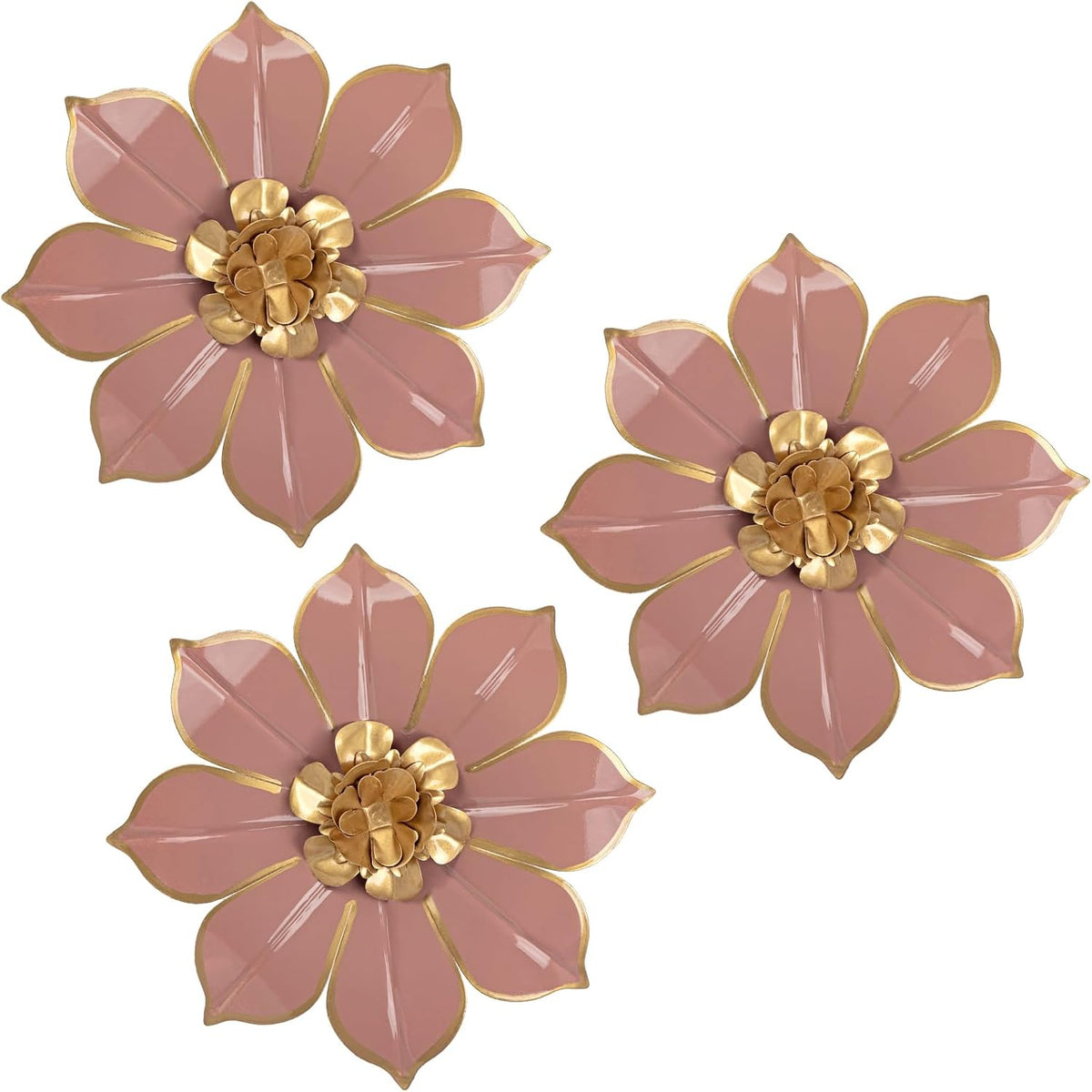 Villa Como Set of 3 Pink and Gold Metal Flowers Wall Art Decor 10"