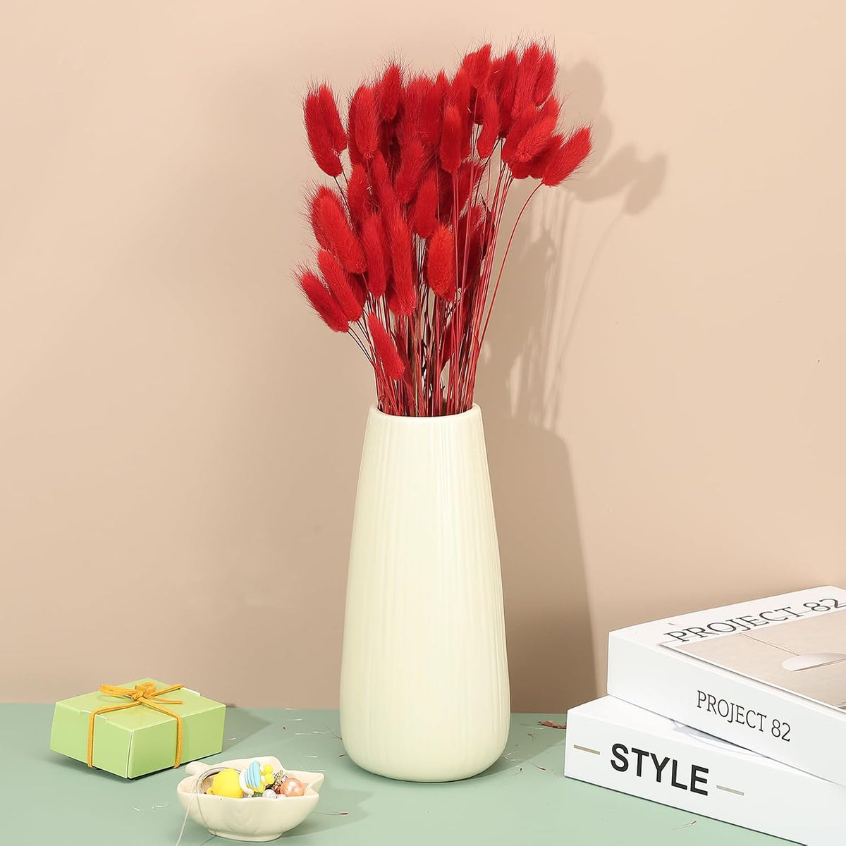 PATIKIL 15.7in Bunny Tails Dried Flowers, 120pcs Pampas Grass Decor Rabbit Tail Natural Pampas Grass Bulk Fluffy Faux Pampas Grass Dried for Home Boho Decor Vase Wedding Table, Red