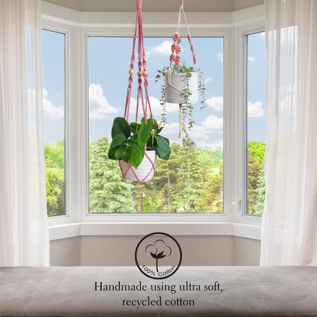 Set of 2 Macrame plant hanger with Daisies & Beads | Hanging plant holder Macrame Plant hangers outdoor and indoor hanging planters Plant stand indoor Boho Decor hanging planter stand (Champagne Pink)