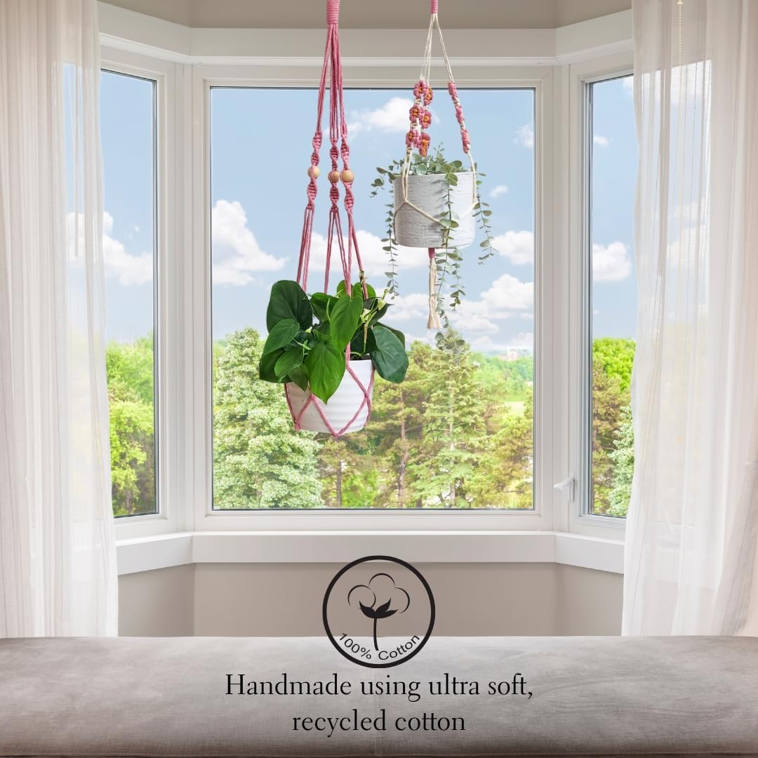 Set of 2 Macrame plant hanger with Daisies & Beads | Hanging plant holder Macrame Plant hangers outdoor and indoor hanging planters Plant stand indoor Boho Decor hanging planter stand (Champagne Pink)