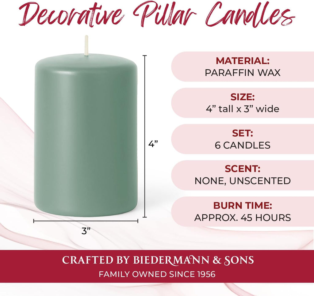 Biedermann & Sons Seafoam Green Pillar Candles (6 Pack), 4 Inch Tall 3 Inch Wide Round, Unscented Paraffin Wax, Approx 40 to 45 Hour Burn, Dripless Candles for Centerpieces