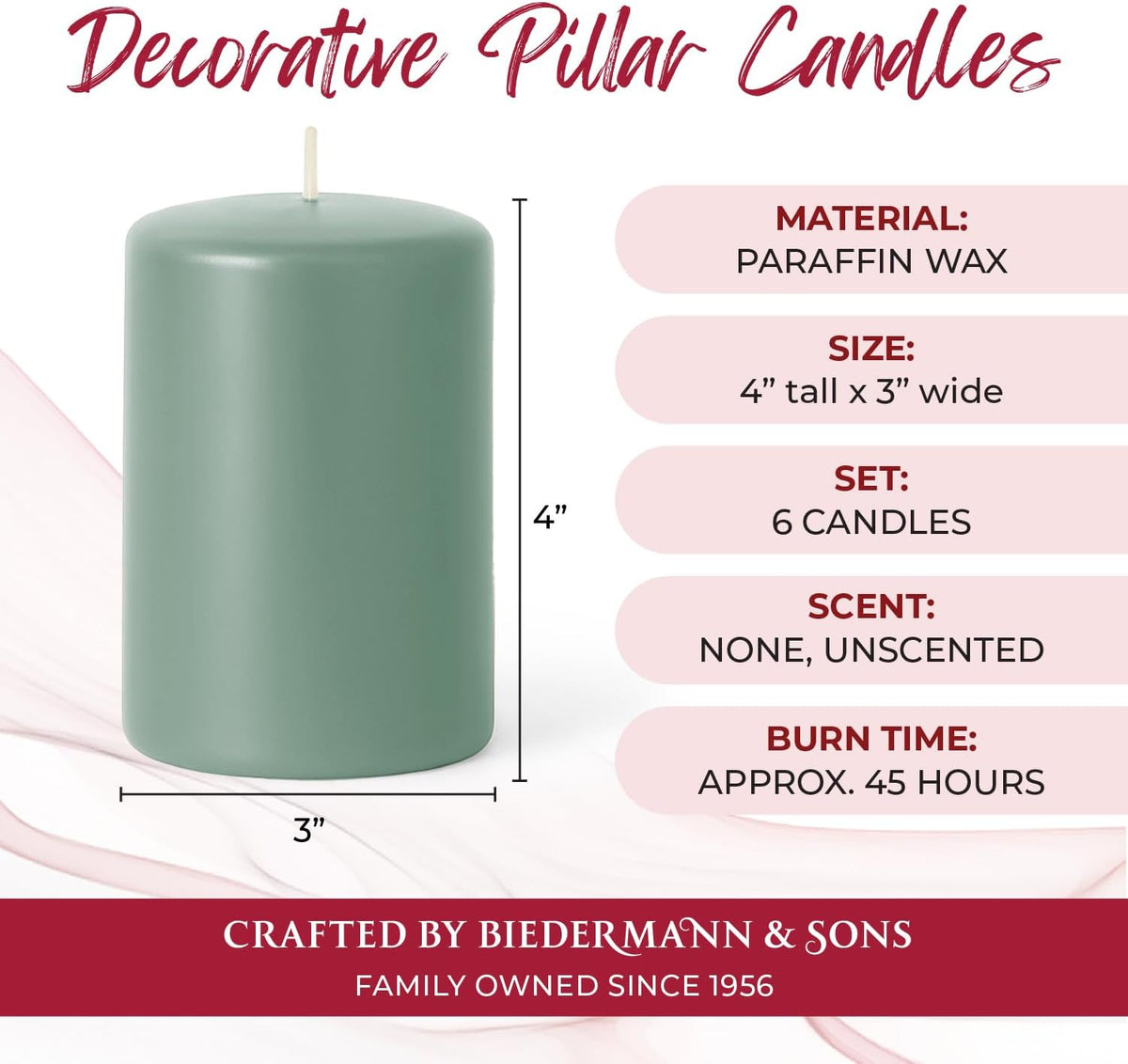 Biedermann & Sons Seafoam Green Pillar Candles (6 Pack), 4 Inch Tall 3 Inch Wide Round, Unscented Paraffin Wax, Approx 40 to 45 Hour Burn, Dripless Candles for Centerpieces