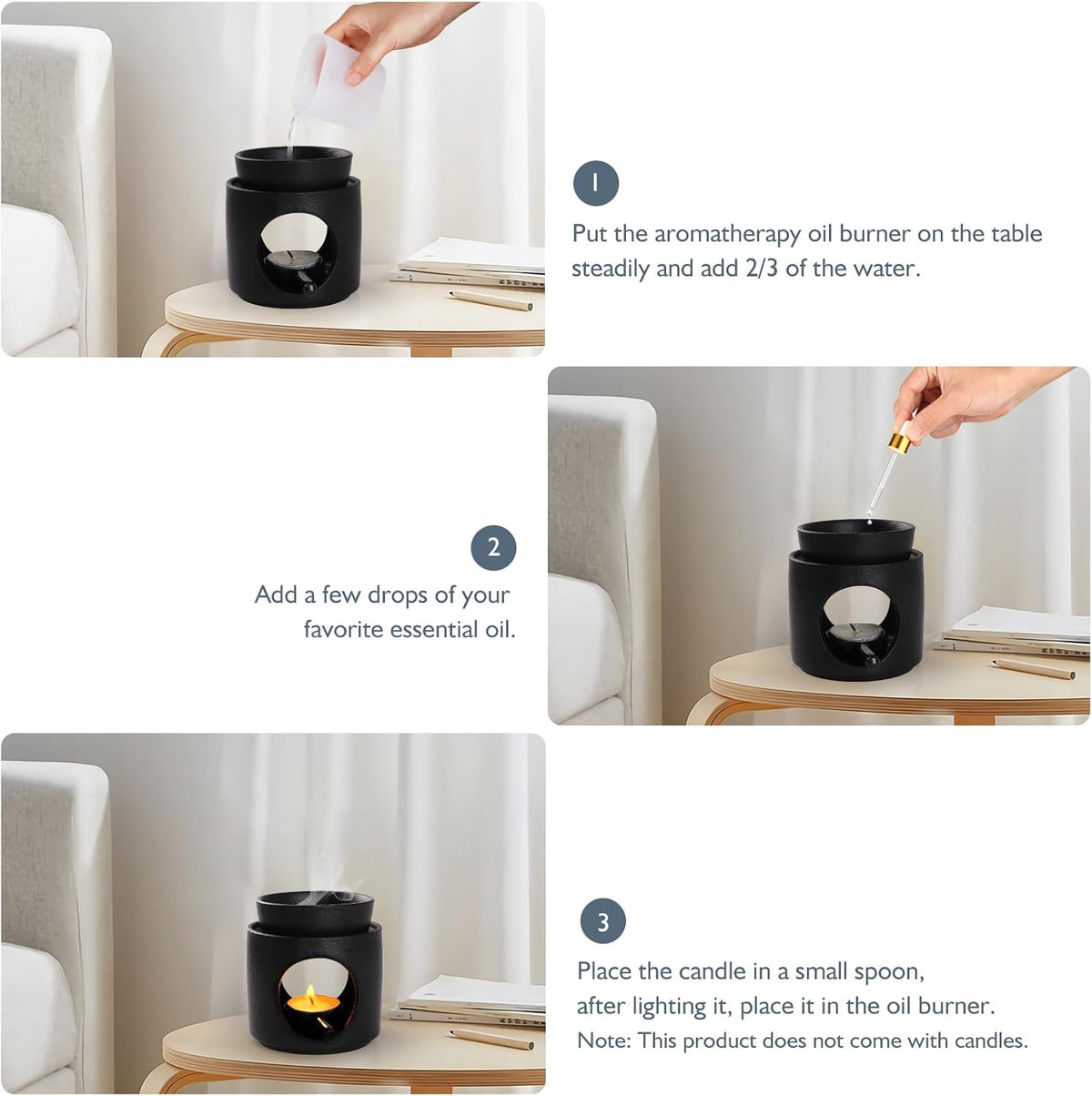 WD&CD Wax Melt Ceramic Oil Burner Black, Aroma Diffuser Essential Oil Burner Aromatherapy Wax Burner with Tealight Holder, Home Bedroom Decor