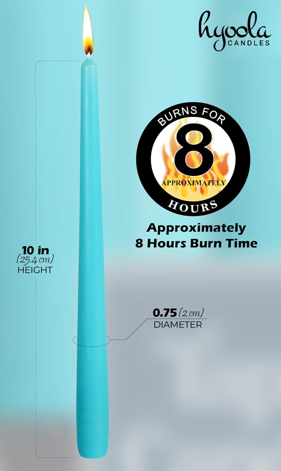 Hyoola Tall Taper Candles - 10 Inch Turquoise Dripless, Unscented Dinner Candle, Paraffin Wax with Cotton Wicks - 8 Hour Burn Time, Blue (Pack of 12)