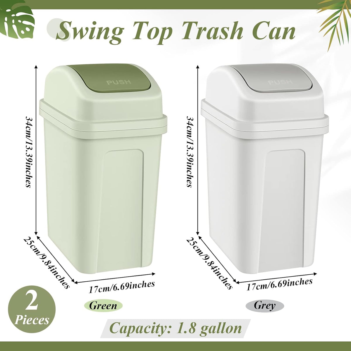 Sumind 2 Pcs 1.8 Gallon Small Trash Can with Swing Lid, Green and Beige