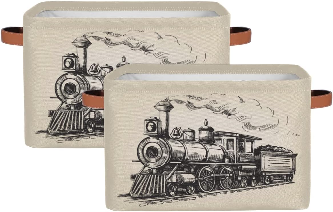Large Storage Baskets for Organizing Shelves Vintage Steam Locomotive Train Foldable Cube Storage Bins with Handles Rectangle Fabric Closet Organizers for Home Toys Clothes, 2 Pack