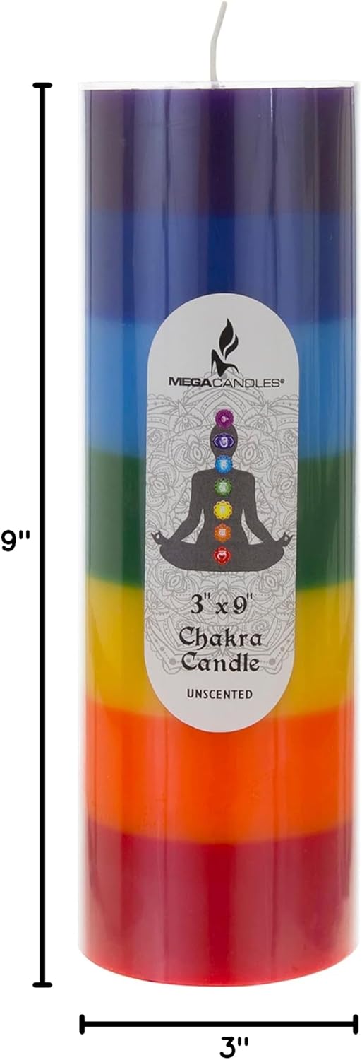 Mega Candles 3 pcs Unscented Multi Color Solid Pillar Chakra Candles, Hand Poured Premium Wax Candle 3 Inch x 9 Inch, 100% Cotton Wick, Positive Energy, Healing, Meditation, Relaxation, Reiki, Yoga