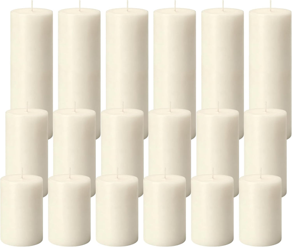 18Pcs Ivory Pillar Candles Bulk, Unscented Dripless Wax Candle Set