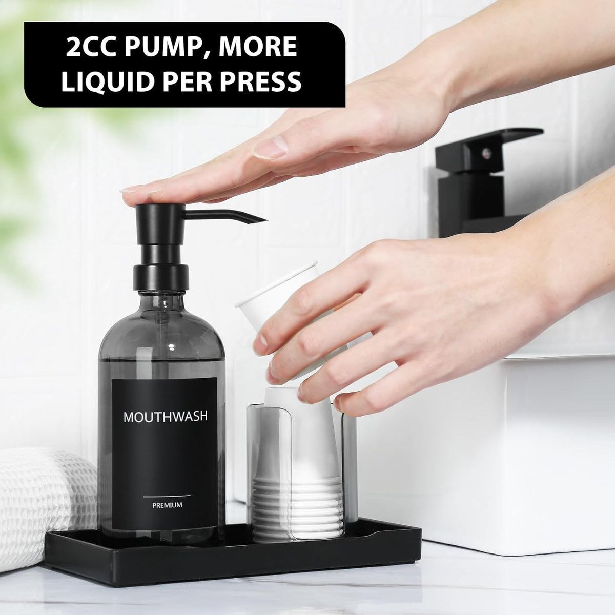 Mouthwash Dispenser for Bathroom, Glass Mouth Wash Pump Dispenser with Cup Holder, 17 Fl Oz Mouthwash Bottle Decanter with Tray, Refillable Mouthwash Dispenser Container (Clear Black)