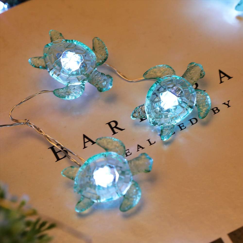 WSgift Sea Turtle Decorative String Lights, 18.7 Ft 40 LED USB Plug-in Silver Copper Wire Beach Theme Fairy Lights for Indoor Outdoor Decoration Projects (Cool White, Remote Control with Timer)