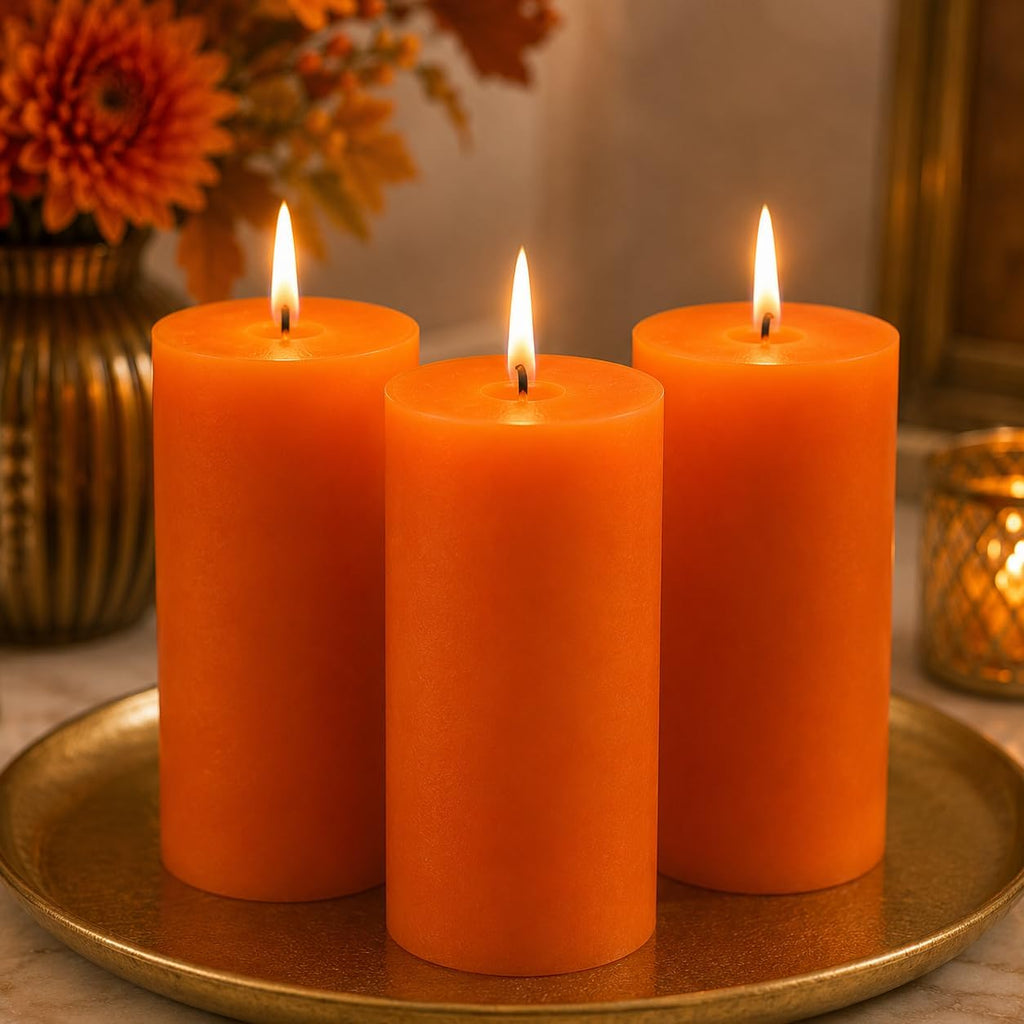 Dinil Orange Pillar Candles 3x6 Inch, Set of 3 Unscented Dripless Smokeless Candles, 65+ Hour Burn Time for Wedding Centerpiece, Dinner Table & Home Decor