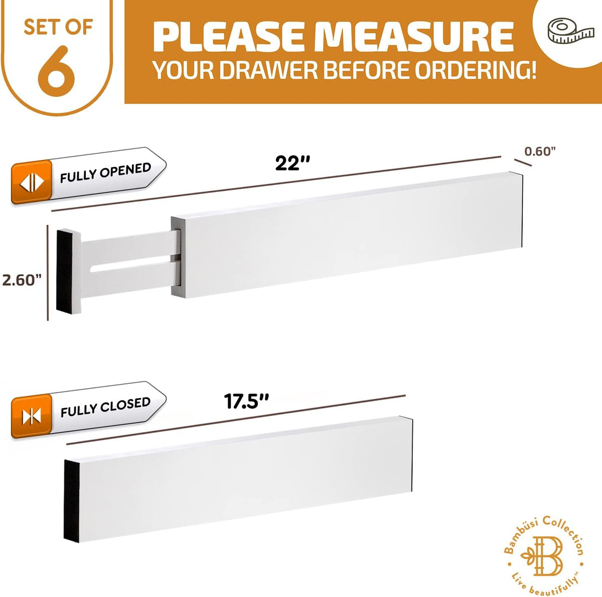 6-Pack Drawer Dividers 2.6-Inch High Dresser Organizer 16 to 22 Inch, White
