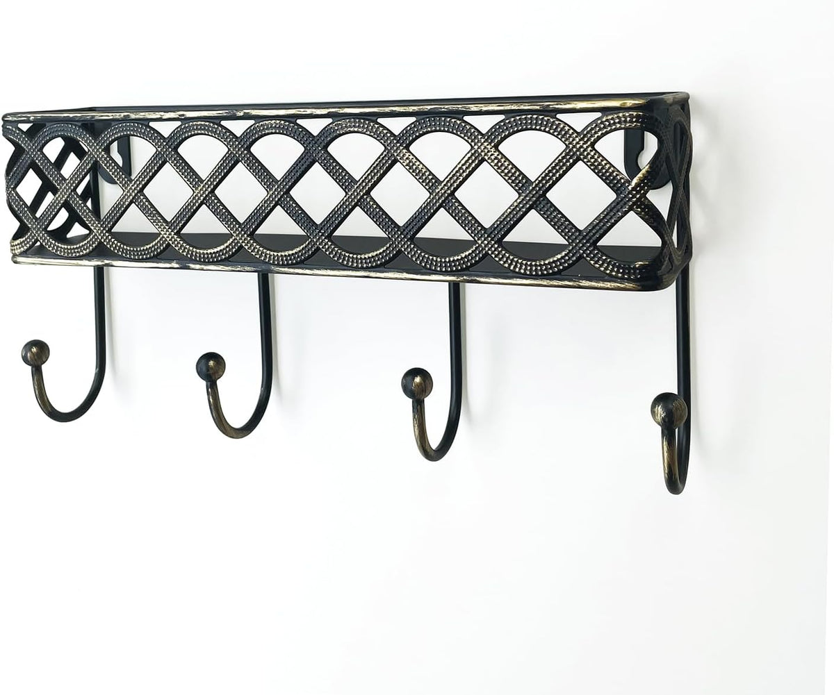 Celtic Knot Key Holder Wall Shelf - Entryway Wall Mounted Organizer with 4 Hooks, Metal Storage for Keys, Wallets, Bags, Hats (Antique Black)