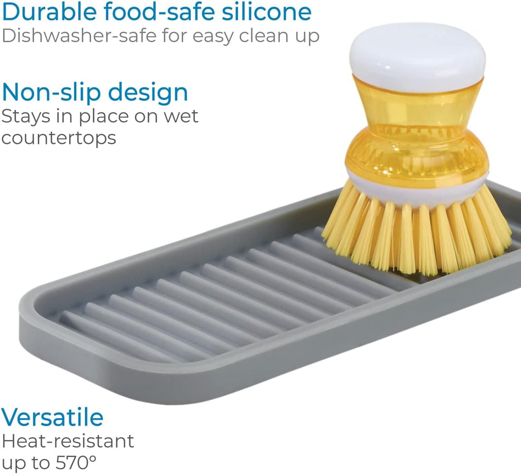 iDesign 63883 Lineo Silicone Kitchen Sink Tray for Sponges, Scrubbers, Soap, Stovetop Spoon Holder, 9" x 3.5" x 0.5", Gray