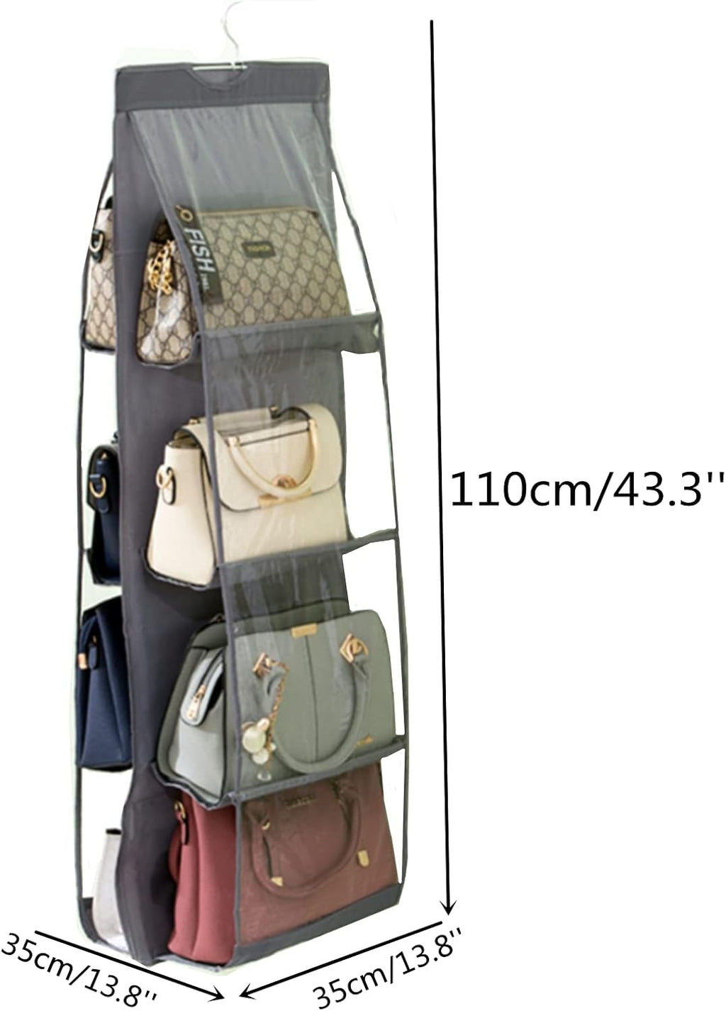 HAN SHENG 8-Pocket Clear Hanging Purse Organizer for Closet, Grey, 1 Pack
