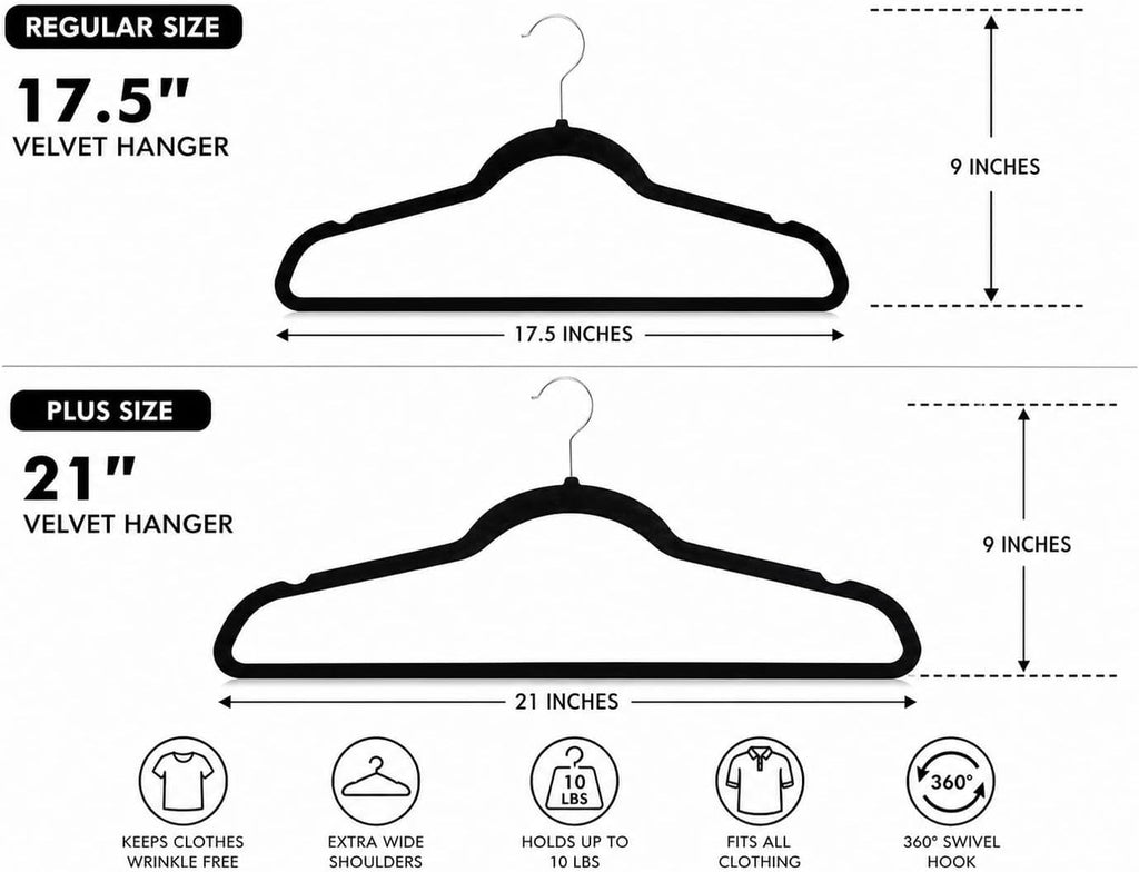 Home Expressions Premium 20 Pack - Ultra Thin No Slip Velvet Suit Swivel Hangers - 21" Extra Wide Strong Velvet Hangers - Space Saving Clothes Hangers - 21x0.2x10 inches (Black)