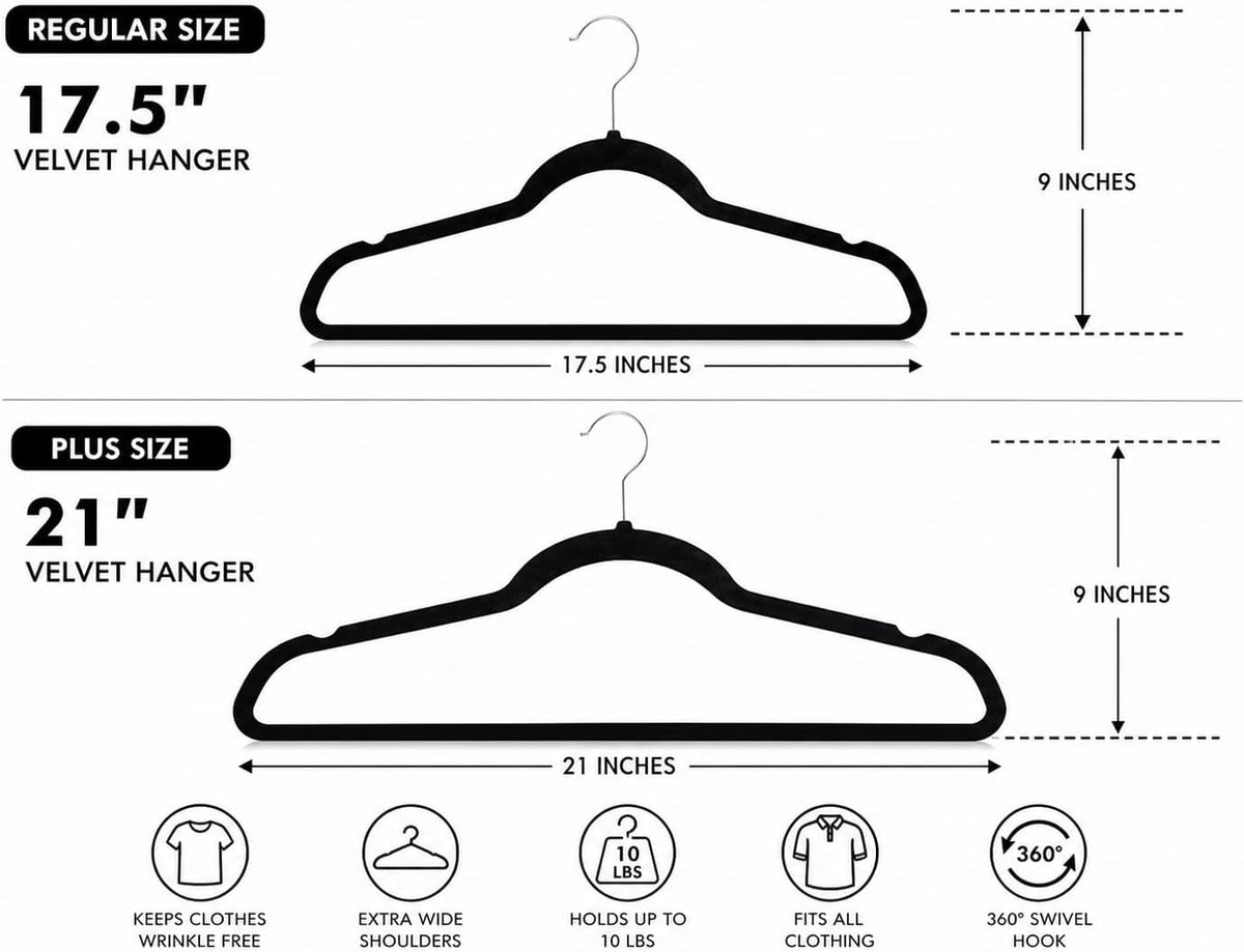Home Expressions Premium 20 Pack - Ultra Thin No Slip Velvet Suit Swivel Hangers - 21" Extra Wide Strong Velvet Hangers - Space Saving Clothes Hangers - 21x0.2x10 inches (Black)