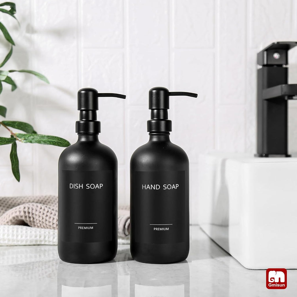 GMISUN Black Soap Dispenser, 2 Pack Matte Black Hand Soap Dispensers Bathroom with Stainless Steel Pump, 17 Fl Oz Glass Dish Soap Dispenser Set for Kitchen, Modern Liquid Soap Bottle with Labels