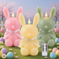 Baquler 3 Pcs Large Easter Bunny Led Flameless Candle 8 Inch Battery Operated Candles with Remote Real Wax Cute Rabbit Shape Candle with Bow 3D Flickering for Gift Home Party Decor (Yellow,Green,Pink)