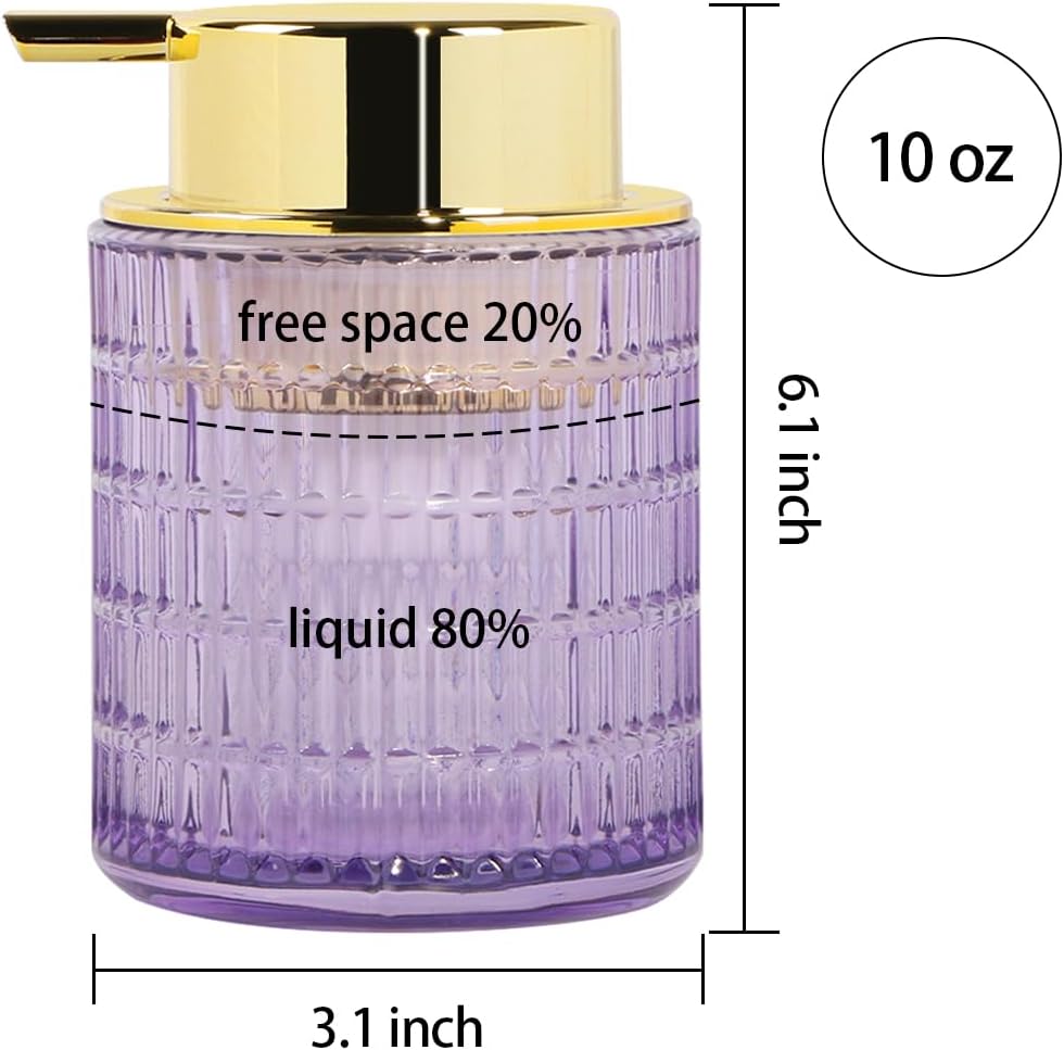 Foaming Soap Dispenser,10 Oz Glass Foam Hand Soap Dispenser for Bathroom and Kitchen,Refillable Foaming Pump Bottle with Large Pump,Modern Striped Dish Soap Foam Dispenser (1, Purple)