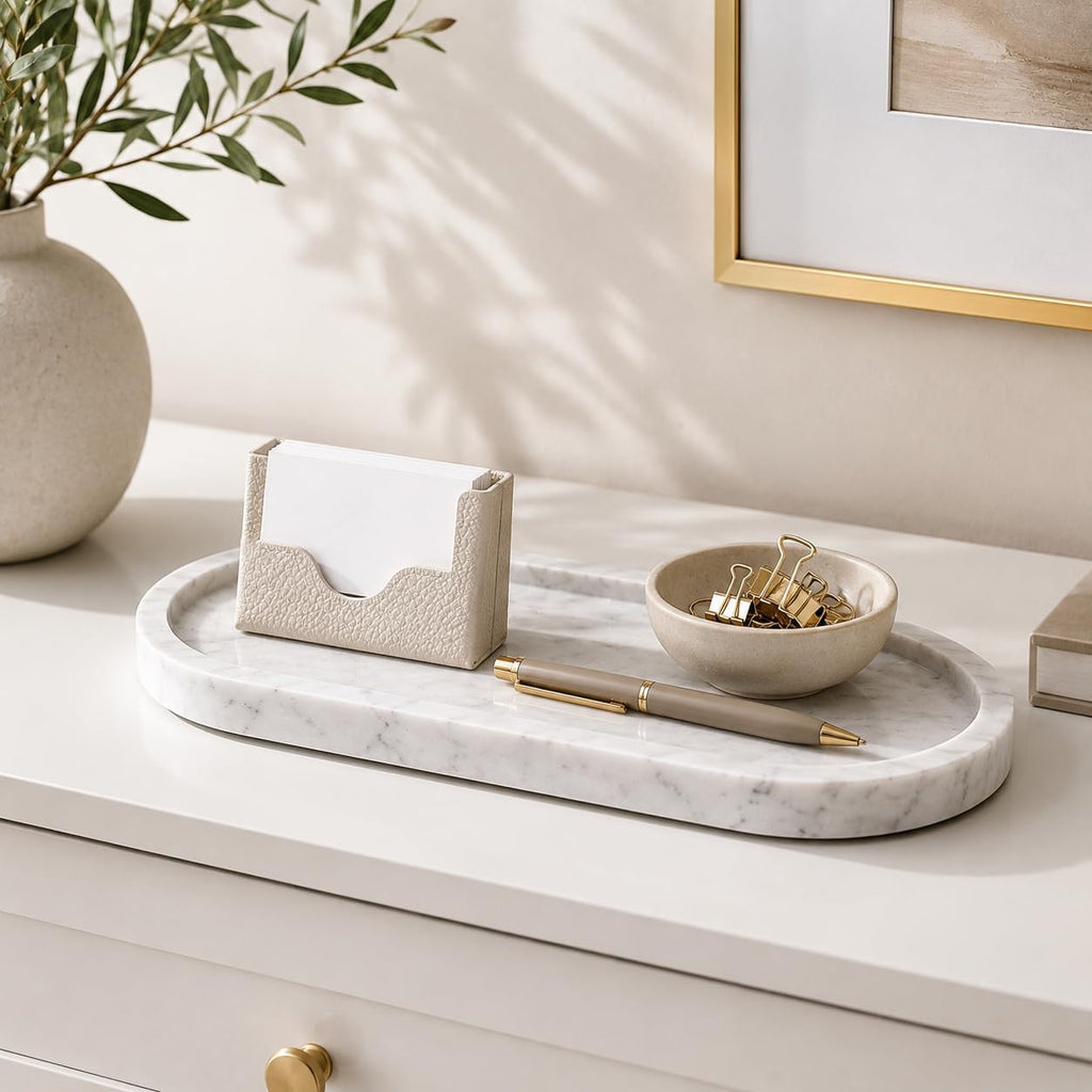 Natural Marble Vanity Tray Waterproof Italy Stone Bathroom Organizer for Perfume, Candles & Jewelry Non-Slip Oval Storage Tray for Spa, Bedroom, Kitchen 9.8" x 4.5" White (BH101)