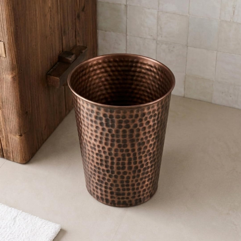 Monarch Abode Metal Bathroom Trash Can – Waste Basket for Bedroom, Office Desk, & Dorm, Hand Hammered, Durable Decorative Antique Copper Small Trash Can Bathroom Garbage Bin Wastebasket