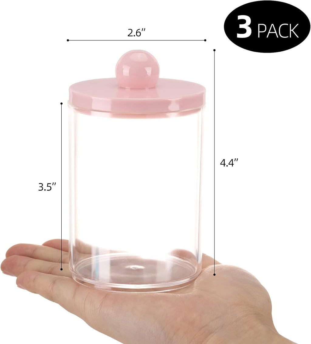 Tbestmax 3 Pack Qtip Holder Bathroom Canisters, 10 oz Cotton Swab Holder Jars for Cotton Ball Storage Dispenzer - Pink Lids