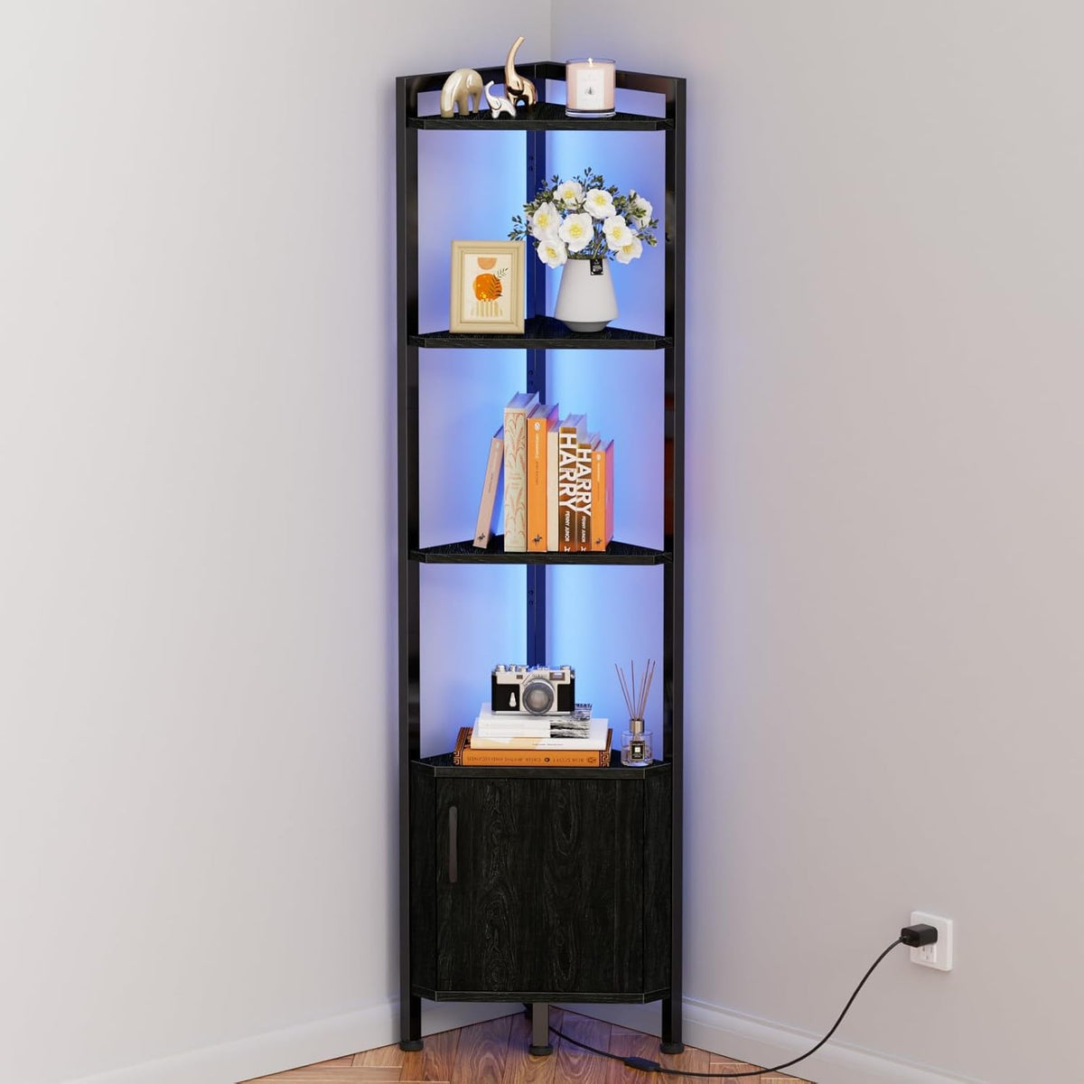 Furnulem 5-Tier Corner Shelf with LED Light,Black Corner Cabinet with Doors