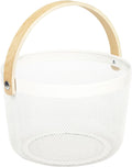 IBWell Bucket-Shape Metal Wire Woven Fruit Storage Bowl Basket with Wooden Handle, Large Black Mesh Fruit Stand, Multi-function Hanging Kitchen Baskets (White)
