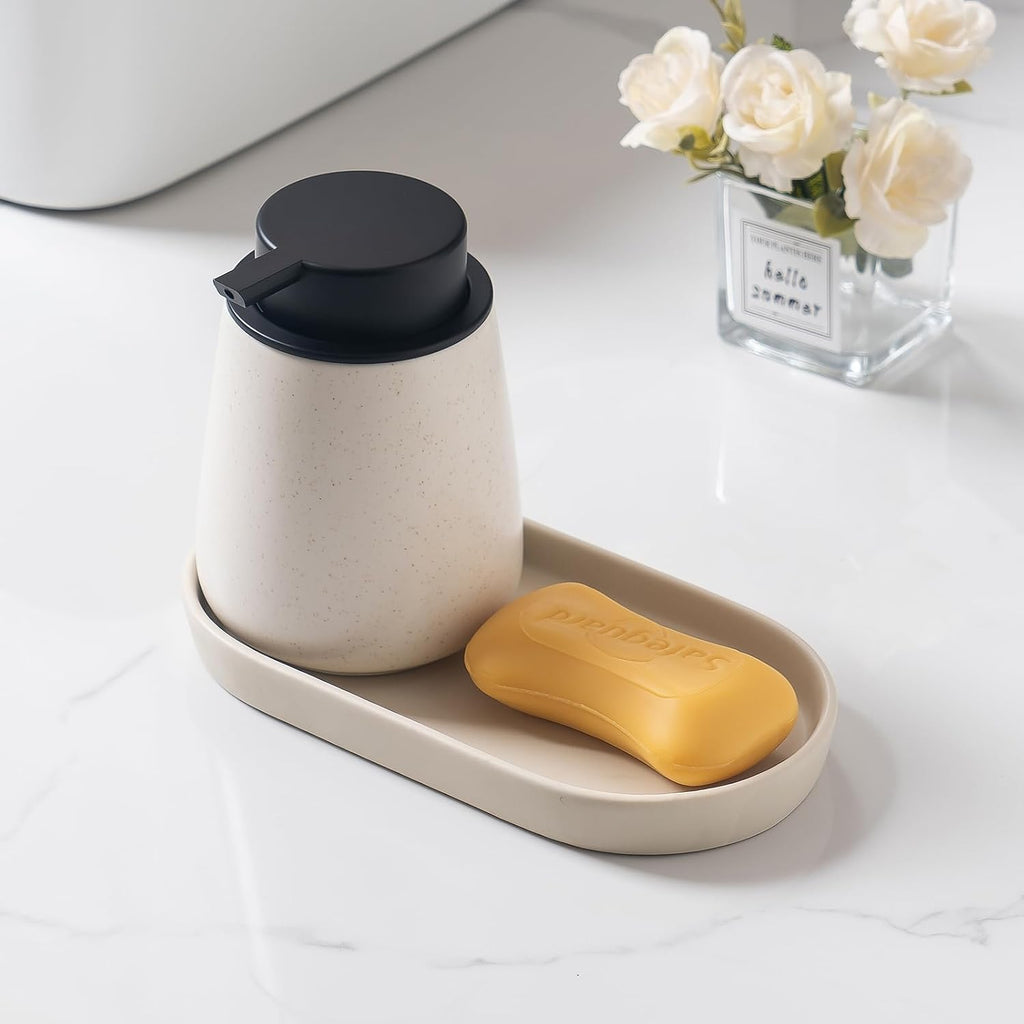 2 Pack Matte Beige Round Soap Dispenser Tray - 8'' Ceramic Vanity Tray & Organizer Plate Set, Bathroom & Kitchen Countertop Decor for Soap Dispenser, Jewelry, Cosmetics, Sink