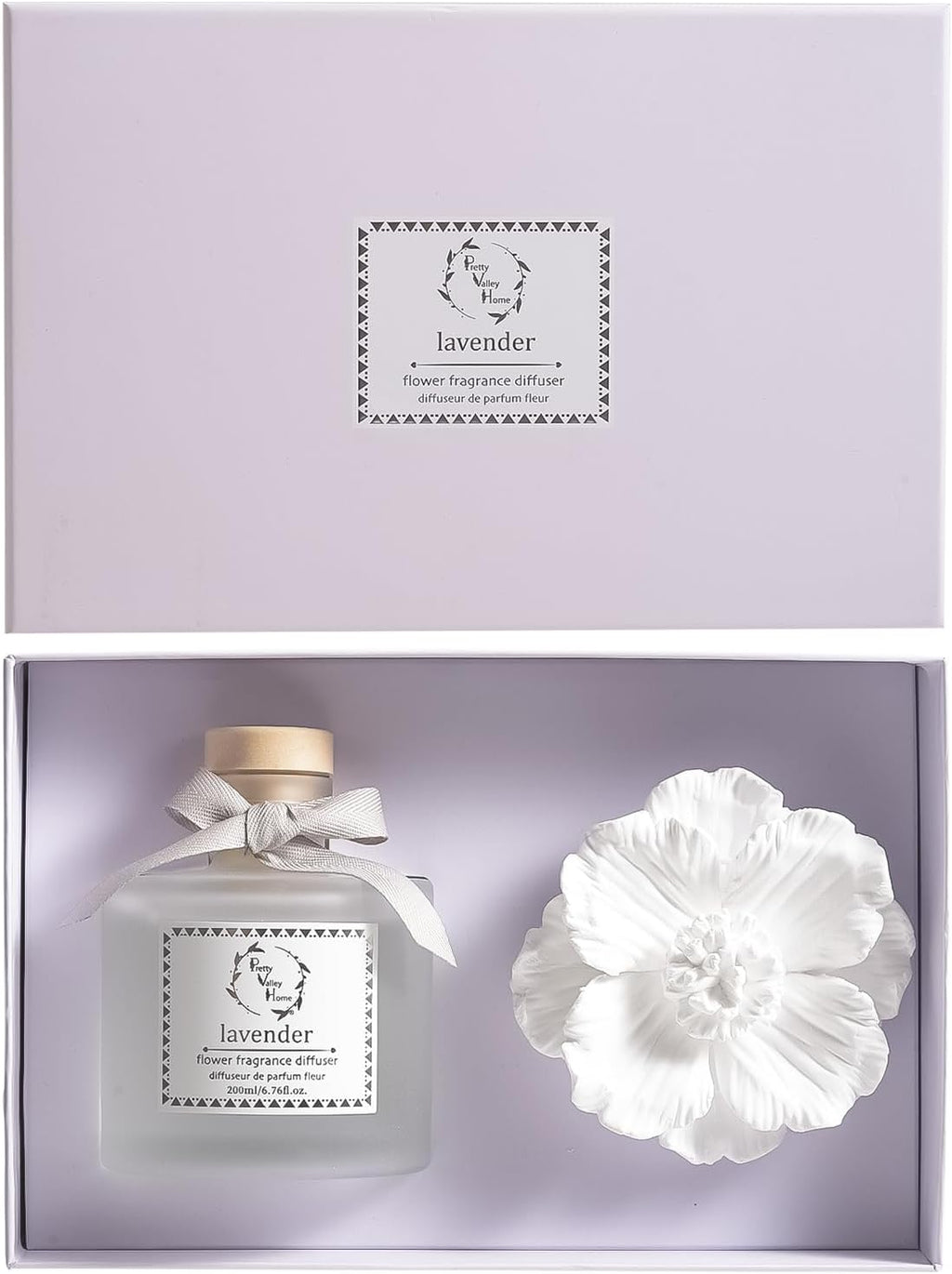 Reed Diffuser Sets, 6.76 Fl. Oz / 200ML Ceramic Diffuser Flower Gift Box, Home Reed Diffuser for Bathroom Office Bathroom Living Room Decor (Lavender White)