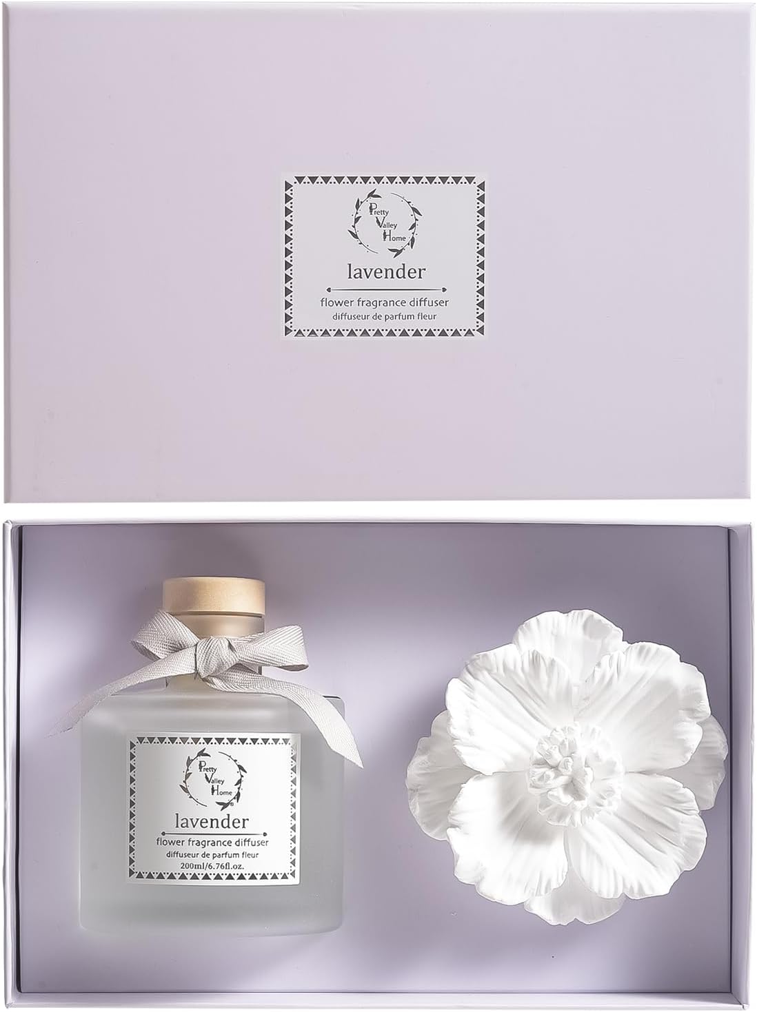 Reed Diffuser Sets, 6.76 Fl. Oz / 200ML Ceramic Diffuser Flower Gift Box, Home Reed Diffuser for Bathroom Office Bathroom Living Room Decor (Lavender White)