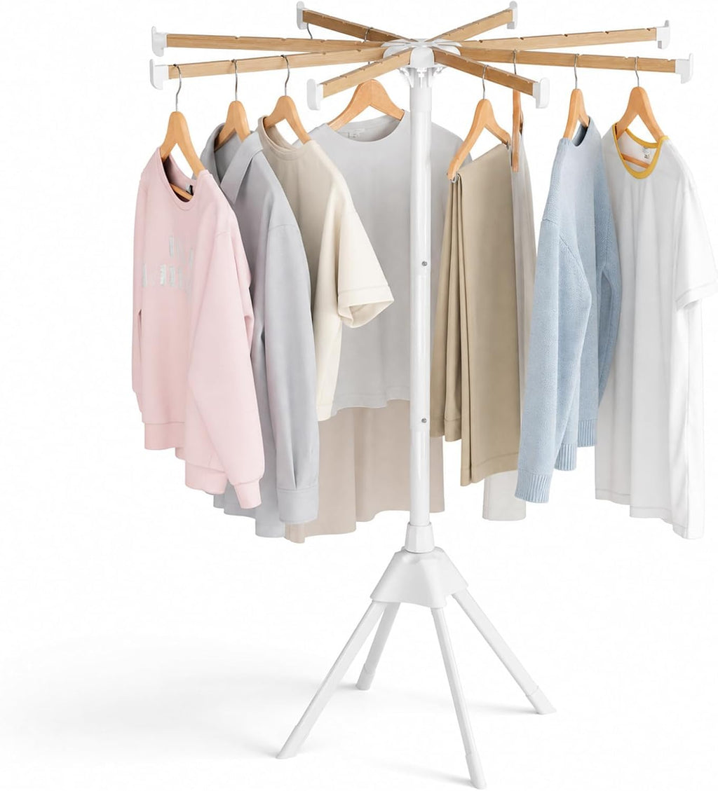 Wood Clothes Drying Rack, Foldable Collapsible Laundry Rack with 8 Adjustable Rods, Stable Space Saving Garment Organizer for Indoor Outdoor, Laundry Room, Bedroom, Bathroom, Balcony, RV, Camping