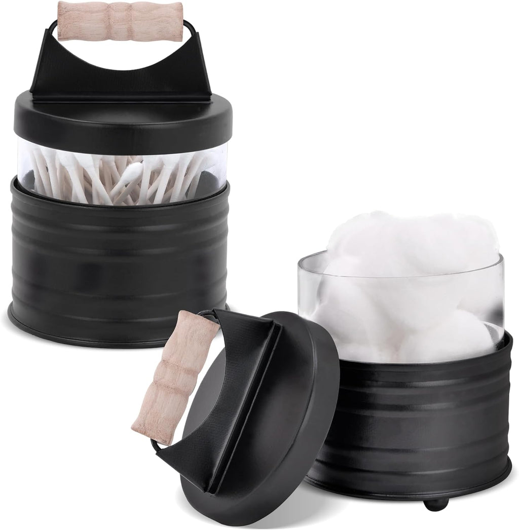 Autumn Alley Deluxe Farmhouse Apothecary Jars Set, Black Bathroom Jars Qtip Holder Glass - Rustic Vanity Organizer for Bathroom Counter, Cotton Balls, Swabs, Rounds, Salts 2-Small Glass with Lids