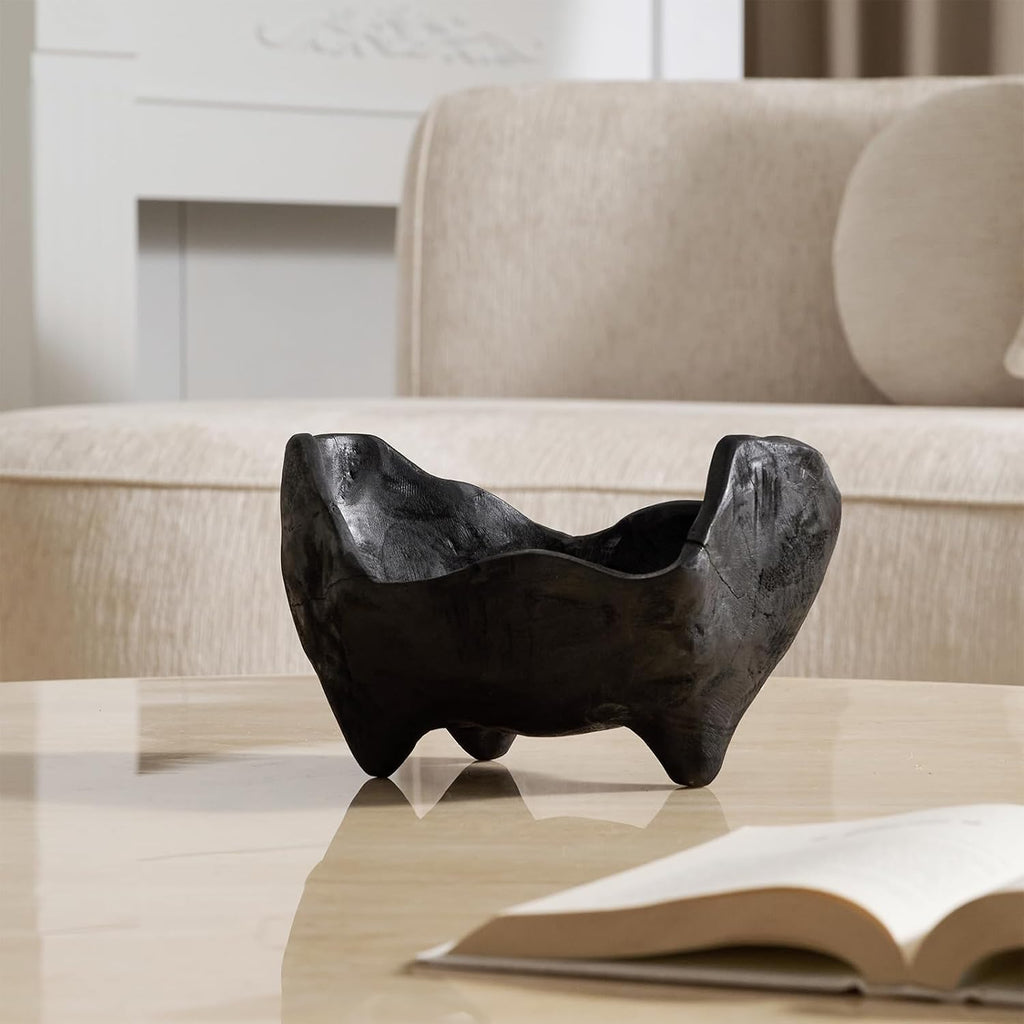 DN DECONATION Oak Wood Black Decorative Bowl, 9.25x5.51 Inch Small Bowl